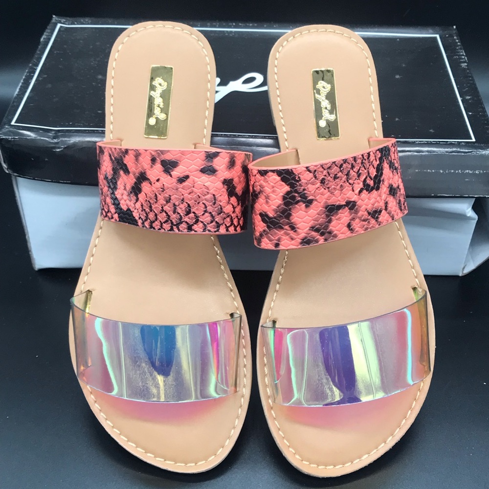 Slip on Flats, Iridescent and Coral colored slip on sandals. Multiple sizes